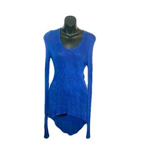 Elegant High Low V-Neck Blue Hooded Sweater for Women